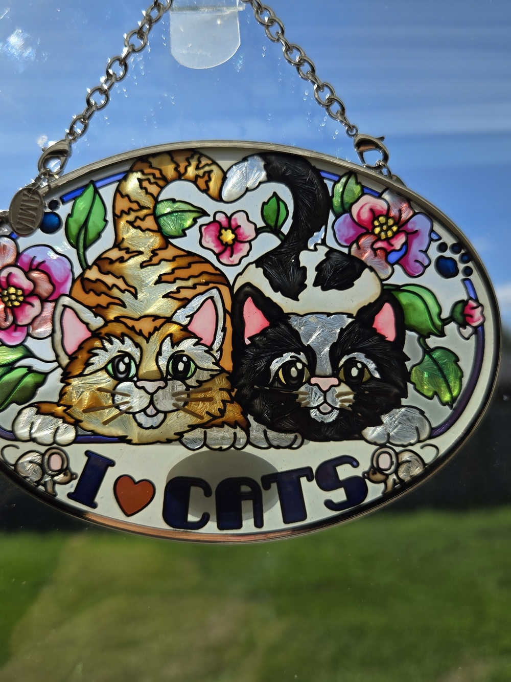 AMIA Studios "I Love Cats" Hand-Painted Glass Suncatcher - Floral Oval